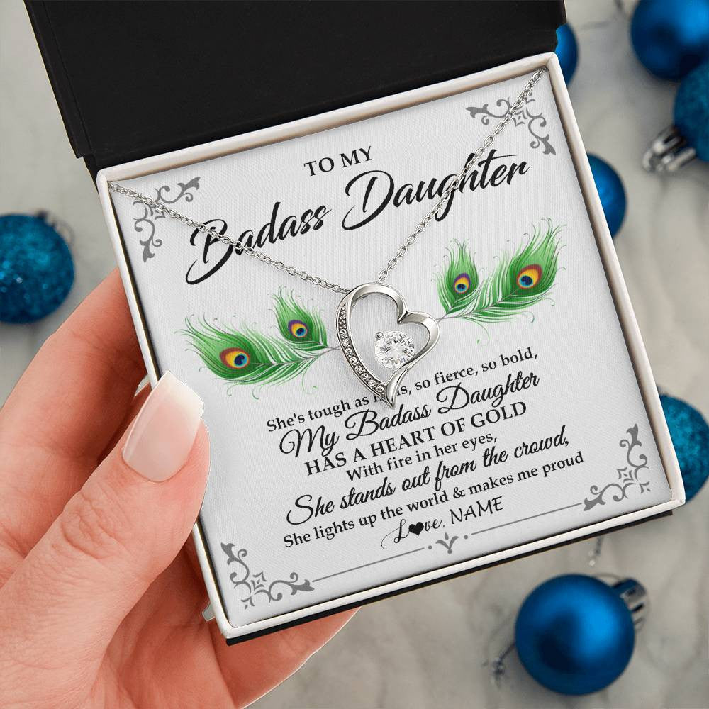 Forever Love Necklace 14K White Gold Finish | 2 | Personalized To My Badass Daughter Necklace From Mom Dad Mother Father Love You Always Daughter Birthday Graduation Christmas Customized Gift Box Message Card | siriusteestore