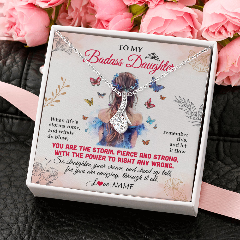 Alluring Beauty Necklace 14K White Gold Finish | 2 | Personalized To My Badass Daughter Necklace From Mom Dad Mother Floral Butterfly Daughter Birthday Gifts Graduation Christmas Customized Gift Box Message Card | siriusteestore