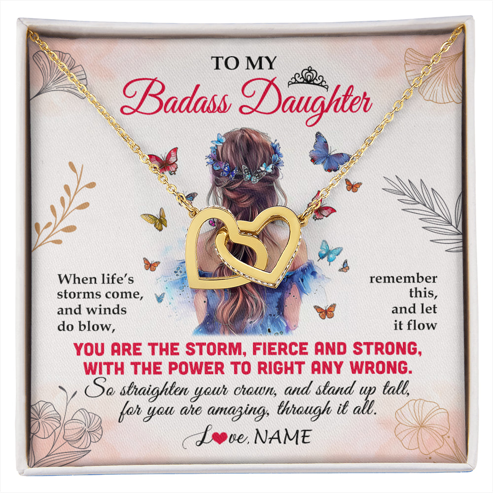 Interlocking Hearts Necklace 18K Yellow Gold Finish | 1 | Personalized To My Badass Daughter Necklace From Mom Dad Mother Floral Butterfly Daughter Birthday Gifts Graduation Christmas Customized Gift Box Message Card | siriusteestore