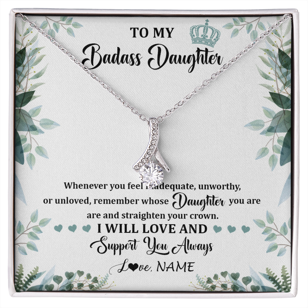 Alluring Beauty Necklace 14K White Gold Finish | 1 | Personalized To My Badass Daughter Necklace From Mom Dad Mother Straighten Your Crown Daughter Birthday Graduation Christmas Customized Gift Box Message Card | siriusteestore