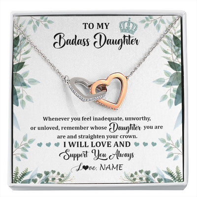 Interlocking Hearts Necklace Stainless Steel & Rose Gold Finish | 1 | Personalized To My Badass Daughter Necklace From Mom Dad Mother Straighten Your Crown Daughter Birthday Graduation Christmas Customized Gift Box Message Card | siriusteestore