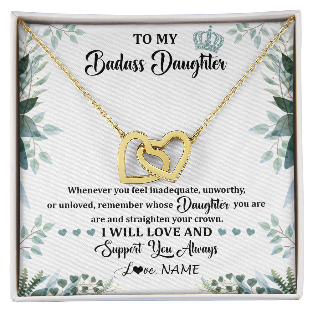 Interlocking Hearts Necklace 18K Yellow Gold Finish | 1 | Personalized To My Badass Daughter Necklace From Mom Dad Mother Straighten Your Crown Daughter Birthday Graduation Christmas Customized Gift Box Message Card | siriusteestore