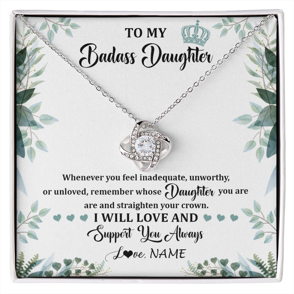 Love Knot Necklace 14K White Gold Finish | 1 | Personalized To My Badass Daughter Necklace From Mom Dad Mother Straighten Your Crown Daughter Birthday Graduation Christmas Customized Gift Box Message Card | siriusteestore