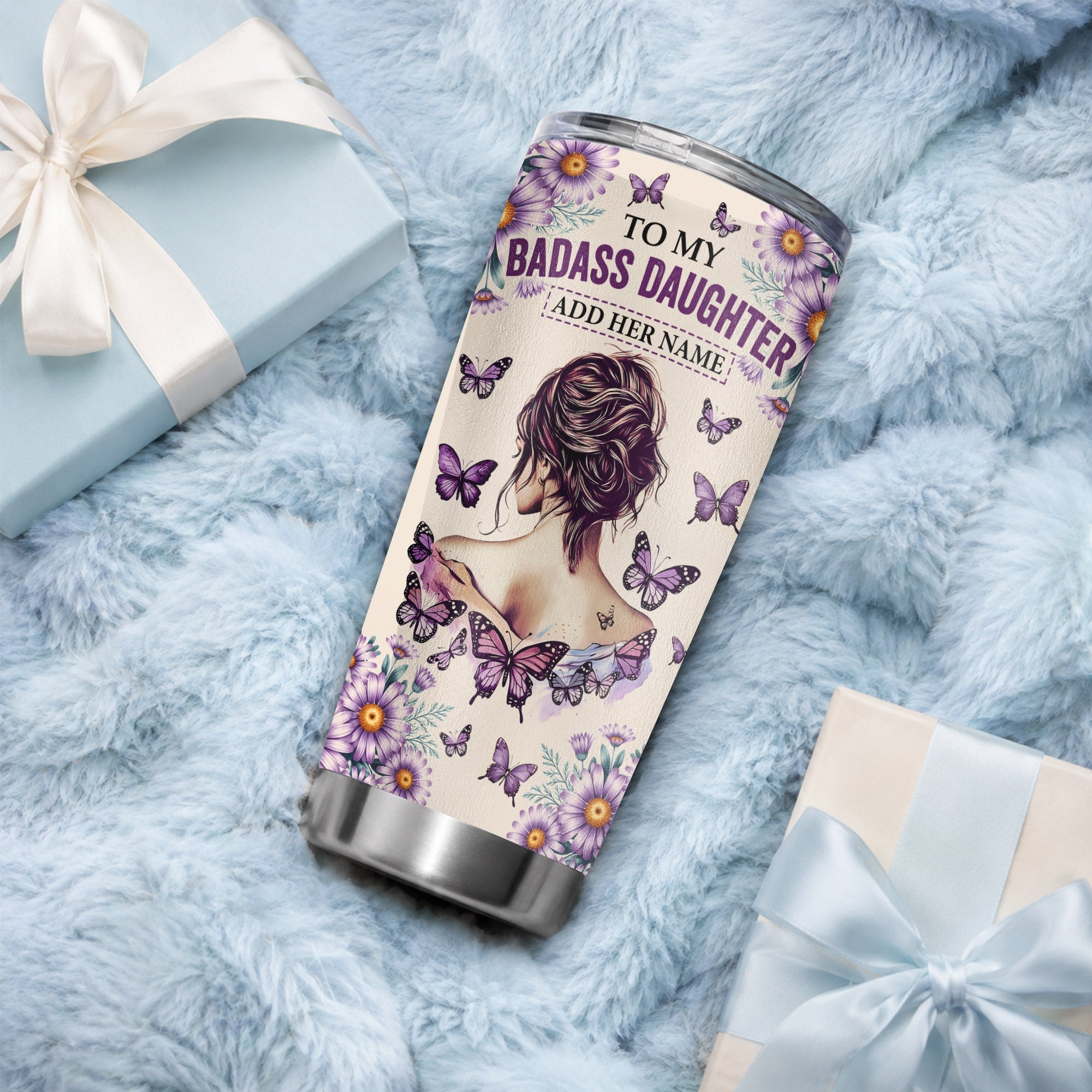 Personalized To My Badass Daughter Tumbler From Dad Mom Purple Butterfly I Am The Storm Daughter Gifts Birthday Graduation Christmas Custom Stainless Steel Travel Mug | siriusteestore