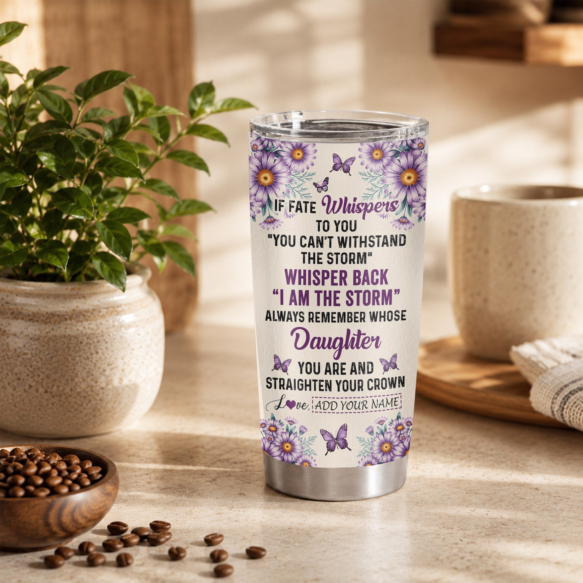 Personalized To My Badass Daughter Tumbler From Dad Mom Purple Butterfly I Am The Storm Daughter Gifts Birthday Graduation Christmas Custom Stainless Steel Travel Mug | siriusteestore
