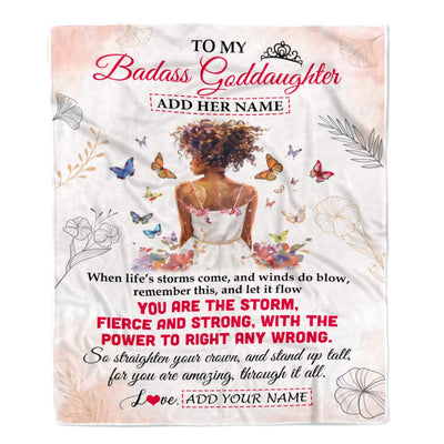 Personalized To My Badass Goddaughter Blanket From Aunt Uncle Floral Butterfly African Afro Girl Goddaughter Birthday Gifts Graduation Christmas Fleece Blanket | siriusteestore