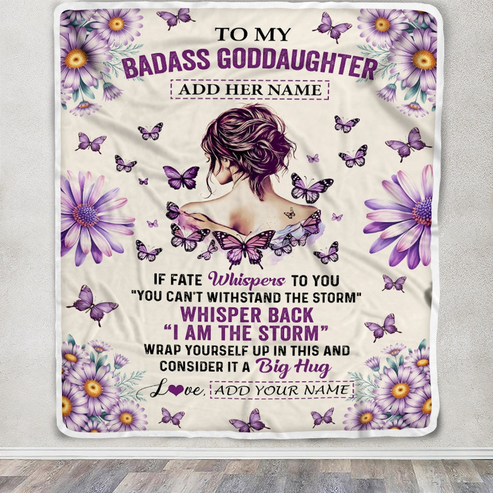 Personalized To My Badass Goddaughter Blanket From Uncle Aunt Purple Butterfly I Am The Storm Goddaughter Gifts Birthday Graduation Christmas Fleece Blanket | siriusteestore