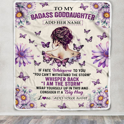 Personalized To My Badass Goddaughter Blanket From Uncle Aunt Purple Butterfly I Am The Storm Goddaughter Gifts Birthday Graduation Christmas Fleece Blanket | siriusteestore