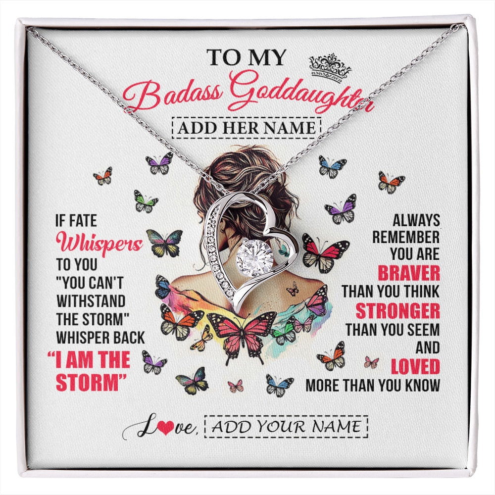 Forever Love Necklace 14K White Gold Finish | 1 | Personalized To My Badass Goddaughter From Uncle Aunt Necklace I Am The Storm Goddaughter Gifts Birthday Graduation Christmas Custom Gift Box Message Card | https://siriusteestore.