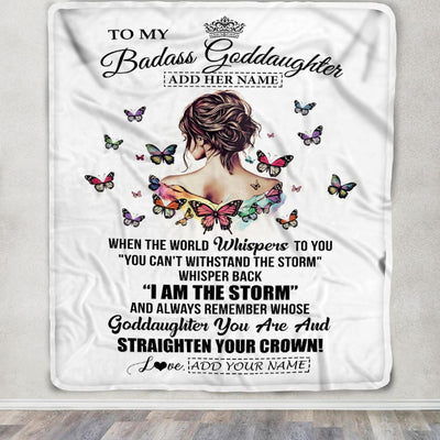 Personalized To My Badass Goddaughter I Am The Storm Blanket From Godmother Beautiful Goddaughter Birthday Gifts Graduation Christmas Adults Fleece Blanket | siriusteestore