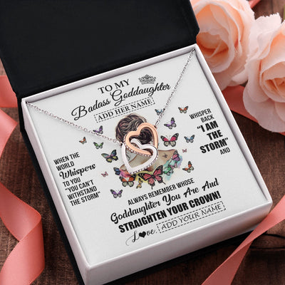Interlocking Hearts Necklace Stainless Steel & Rose Gold Finish | 2 | Personalized To My Badass Goddaughter I Am The Storm Necklace From Godmother Beautiful Goddaughter Birthday Gifts Graduation Christmas Gift Box Message Card | https://siriusteestore.
