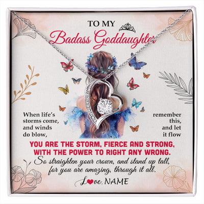 Forever Love Necklace 14K White Gold Finish | 1 | Personalized To My Badass Goddaughter Necklace From Aunt Floral Butterfly Goddaughter Birthday Gifts Graduation Christmas Customized Gift Box Message Card | siriusteestore