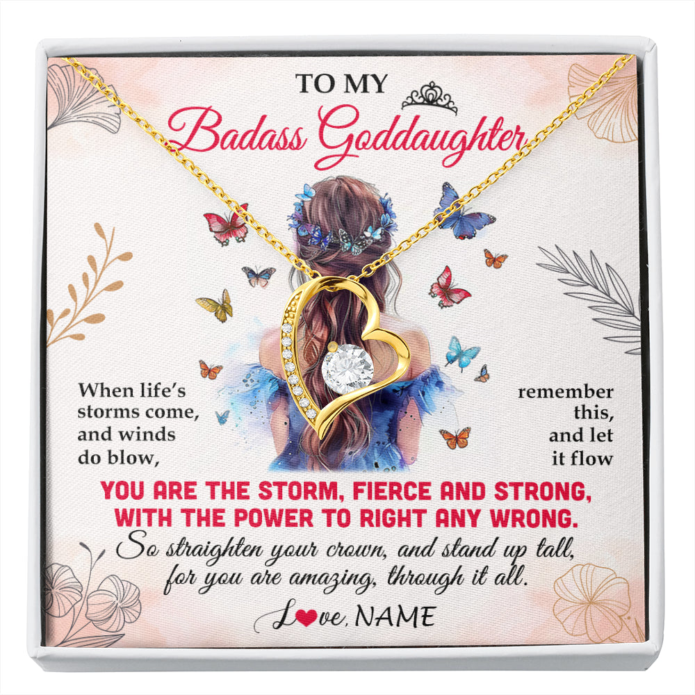 Forever Love Necklace 18K Yellow Gold Finish | 1 | Personalized To My Badass Goddaughter Necklace From Aunt Floral Butterfly Goddaughter Birthday Gifts Graduation Christmas Customized Gift Box Message Card | siriusteestore