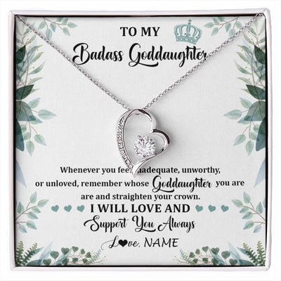 Forever Love Necklace 14K White Gold Finish | 1 | Personalized To My Badass Goddaughter Necklace From Aunt Uncle Straighten Your Crown Goddaughter Birthday Graduation Christmas Customized Gift Box Message Card | siriusteestore
