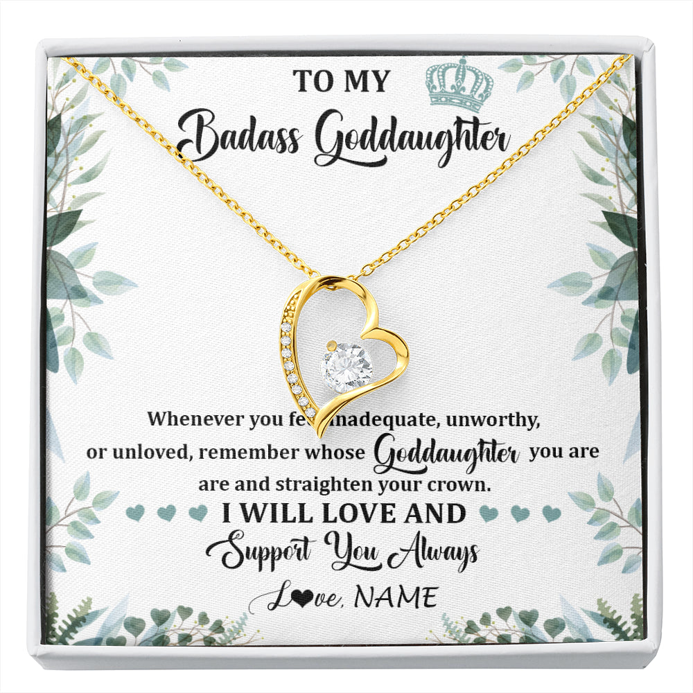 Forever Love Necklace 18K Yellow Gold Finish | 1 | Personalized To My Badass Goddaughter Necklace From Aunt Uncle Straighten Your Crown Goddaughter Birthday Graduation Christmas Customized Gift Box Message Card | siriusteestore