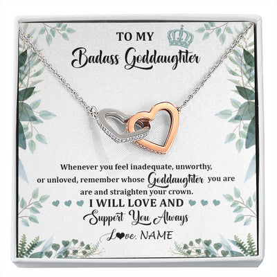 Interlocking Hearts Necklace Stainless Steel & Rose Gold Finish | 1 | Personalized To My Badass Goddaughter Necklace From Aunt Uncle Straighten Your Crown Goddaughter Birthday Graduation Christmas Customized Gift Box Message Card | siriusteestore