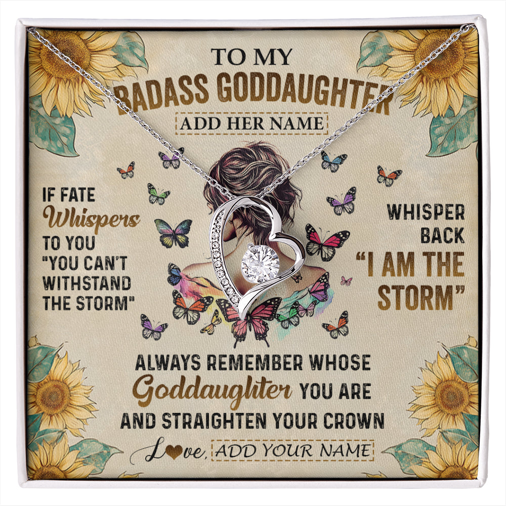 Forever Love Necklace 14K White Gold Finish | 1 | Personalized To My Badass Goddaughter Necklace From Uncle Aunt I Am The Storm Goddaughter Gifts Birthday Graduation Christmas Customized Gift Box Message Card | siriusteestore