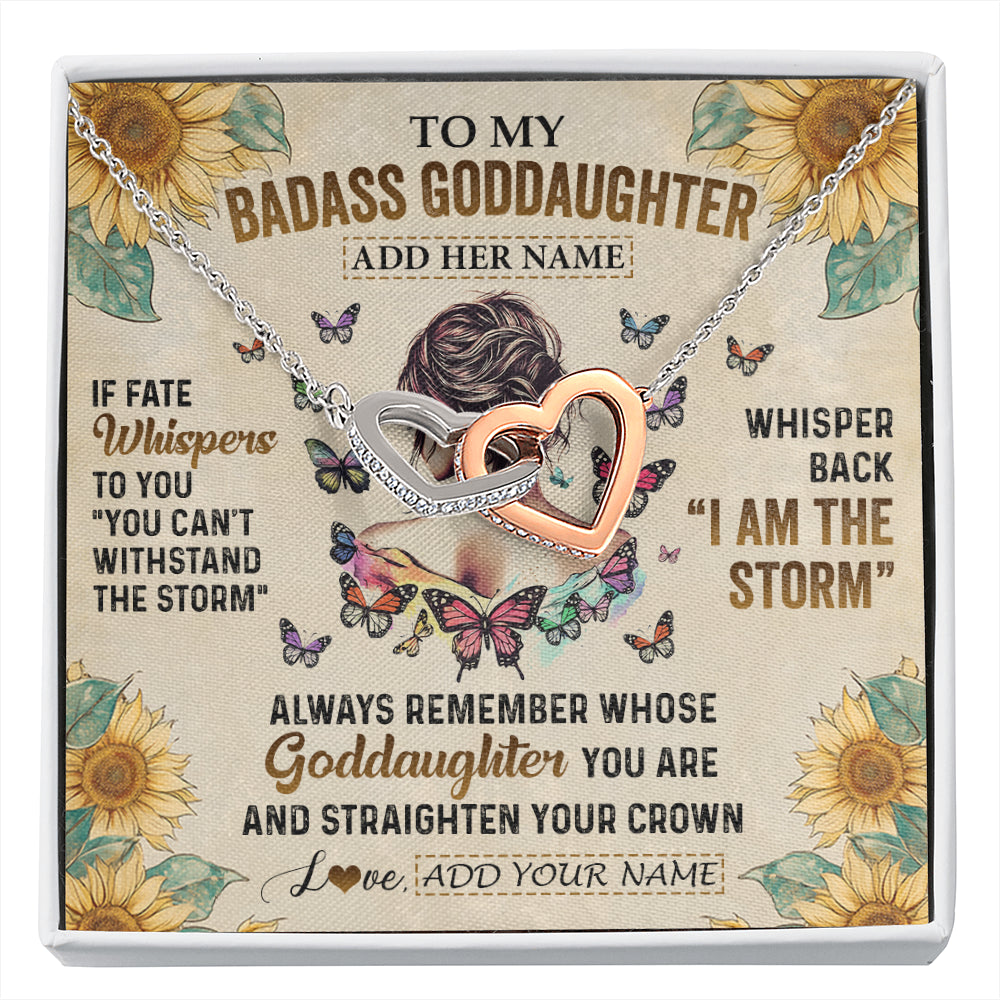 Interlocking Hearts Necklace Stainless Steel & Rose Gold Finish | 1 | Personalized To My Badass Goddaughter Necklace From Uncle Aunt I Am The Storm Goddaughter Gifts Birthday Graduation Christmas Customized Gift Box Message Card | siriusteestore