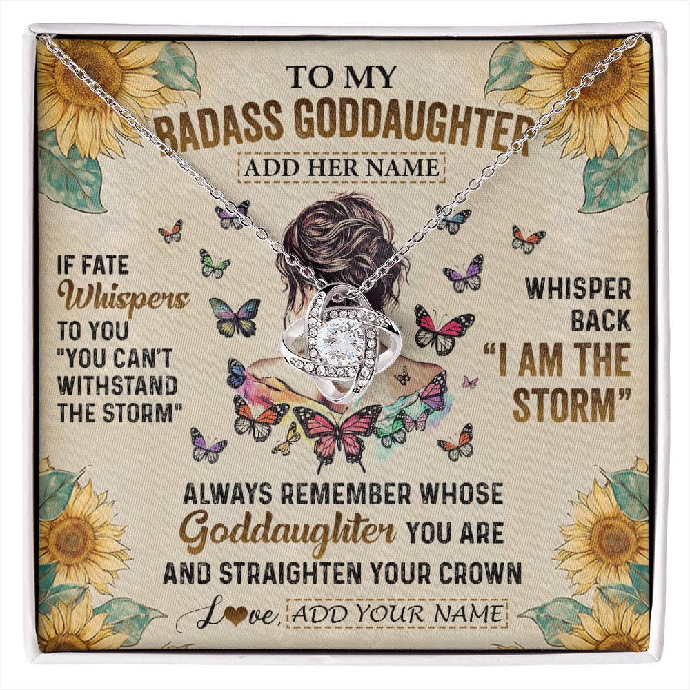 Love Knot Necklace 14K White Gold Finish | 1 | Personalized To My Badass Goddaughter Necklace From Uncle Aunt I Am The Storm Goddaughter Gifts Birthday Graduation Christmas Customized Gift Box Message Card | siriusteestore
