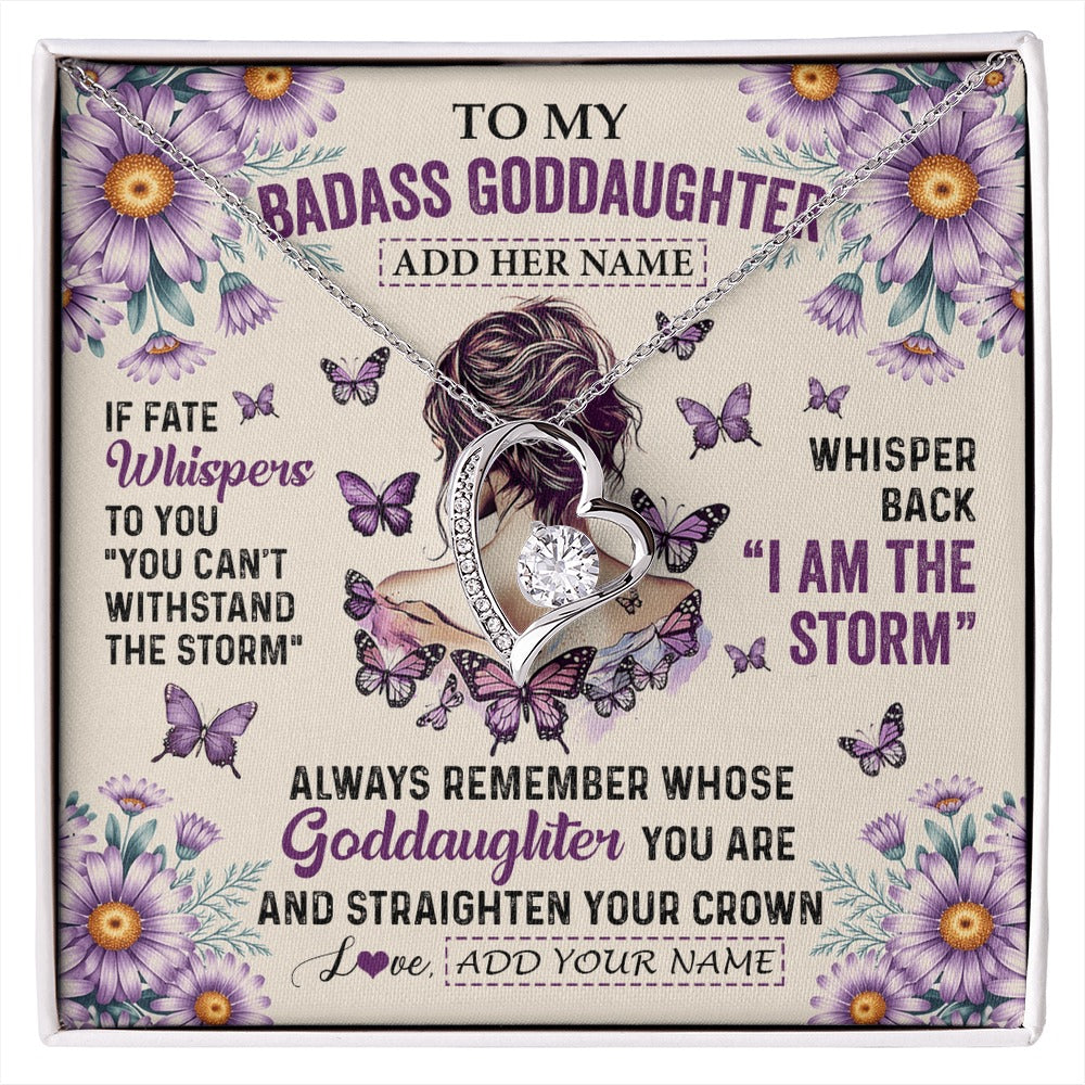 Forever Love Necklace 14K White Gold Finish | 1 | Personalized To My Badass Goddaughter Necklace From Uncle Aunt Purple Butterfly I Am The Storm Goddaughter Gifts Birthday Christmas Gift Box Message Card | https://siriusteestore.