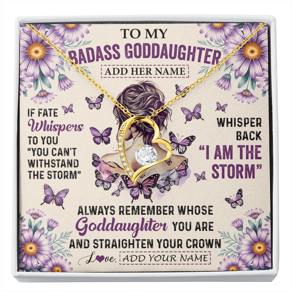 Forever Love Necklace 18K Yellow Gold Finish | 1 | Personalized To My Badass Goddaughter Necklace From Uncle Aunt Purple Butterfly I Am The Storm Goddaughter Gifts Birthday Christmas Gift Box Message Card | https://siriusteestore.