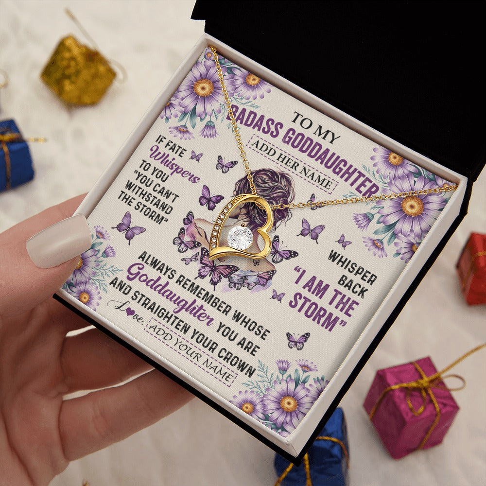 Forever Love Necklace 18K Yellow Gold Finish | 2 | Personalized To My Badass Goddaughter Necklace From Uncle Aunt Purple Butterfly I Am The Storm Goddaughter Gifts Birthday Christmas Gift Box Message Card | https://siriusteestore.