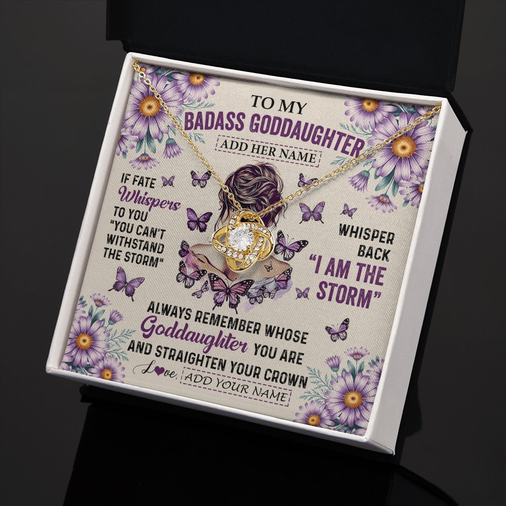 Love Knot Necklace 18K Yellow Gold Finish | 2 | Personalized To My Badass Goddaughter Necklace From Uncle Aunt Purple Butterfly I Am The Storm Goddaughter Gifts Birthday Christmas Gift Box Message Card | https://siriusteestore.