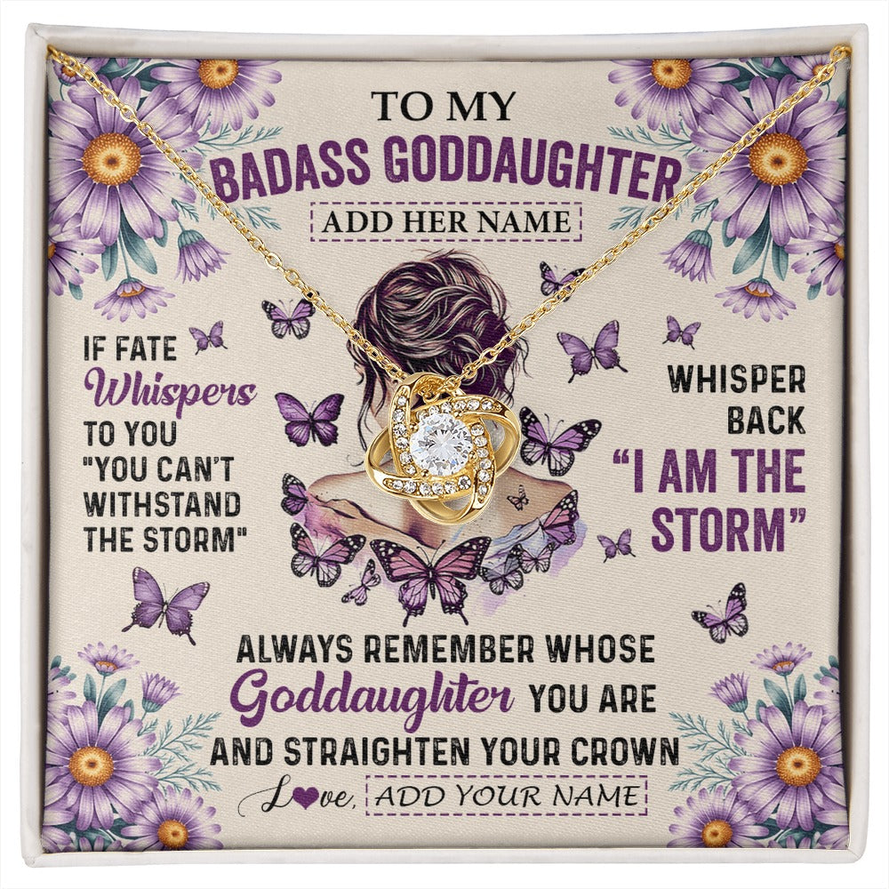 Love Knot Necklace 18K Yellow Gold Finish | 1 | Personalized To My Badass Goddaughter Necklace From Uncle Aunt Purple Butterfly I Am The Storm Goddaughter Gifts Birthday Christmas Gift Box Message Card | https://siriusteestore.