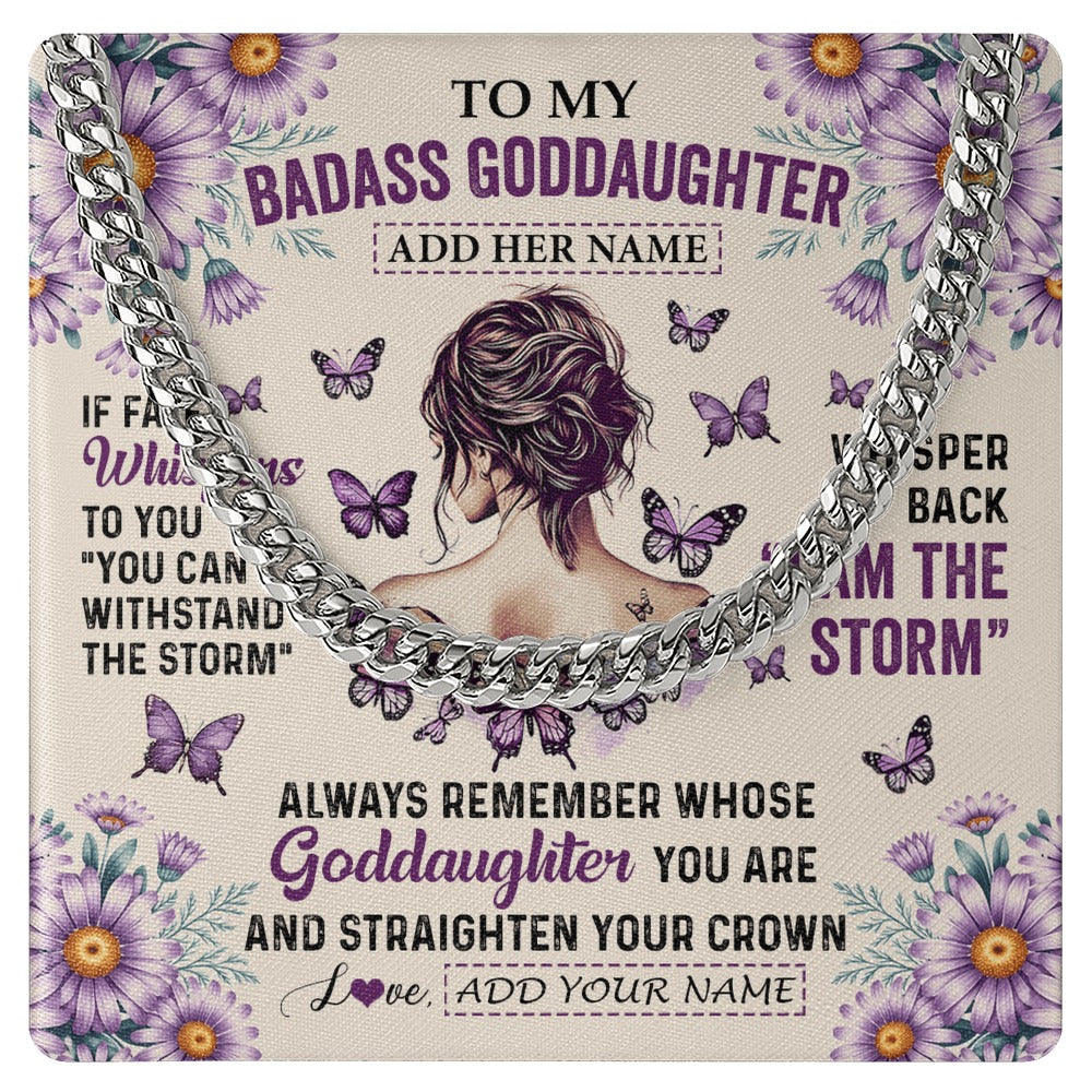 Cuban Link Chain Necklace Stainless Steel | 1 | Personalized To My Badass Goddaughter Necklace From Uncle Aunt Purple Butterfly I Am The Storm Goddaughter Gifts Birthday Christmas Gift Box Message Card Shirt & Hoodie | https://siriusteestore.