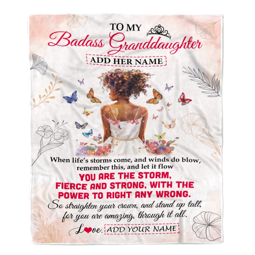 Personalized To My Badass Granddaughter Blanket From Grandma Grandpa Floral Butterfly African Afro Girl Granddaughter Birthday Gifts Christmas Fleece Blanket | siriusteestore