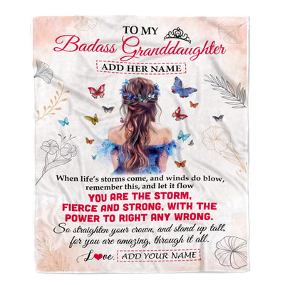 Personalized To My Badass Granddaughter Blanlet From Grandma Grandpa Floral Butterfly Granddaughter Birthday Gifts Christmas Customized Fleece Throw Blanket | siriusteestore