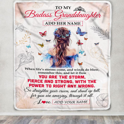 Personalized To My Badass Granddaughter Blanlet From Grandma Grandpa Floral Butterfly Granddaughter Birthday Gifts Christmas Customized Fleece Throw Blanket | siriusteestore