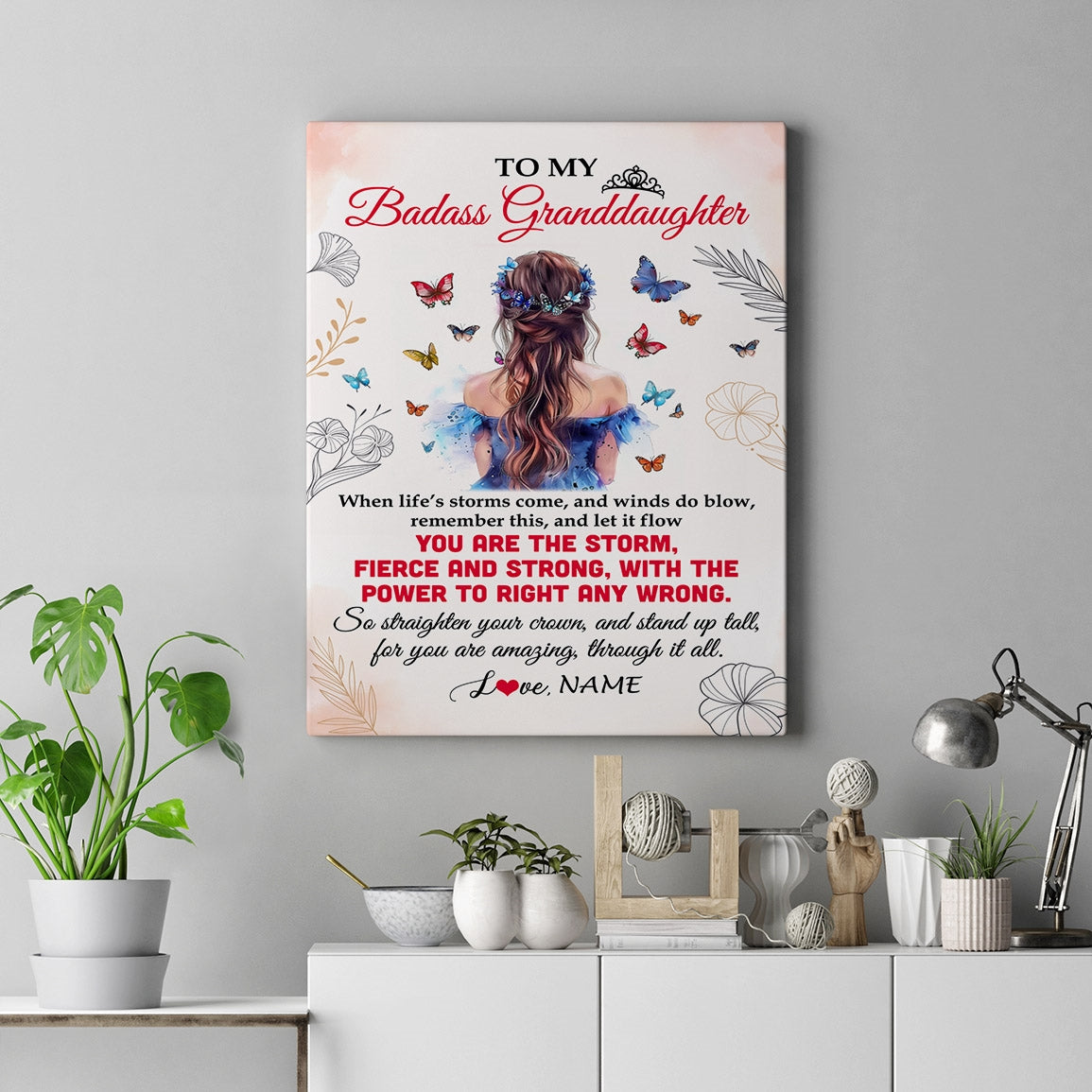 Personalized To My Badass Granddaughter Canvas From Grandma Grandpa Floral Butterfly Granddaughter Birthday Gifts Christmas Custom Wall Art Print Framed Canvas | siriusteestore