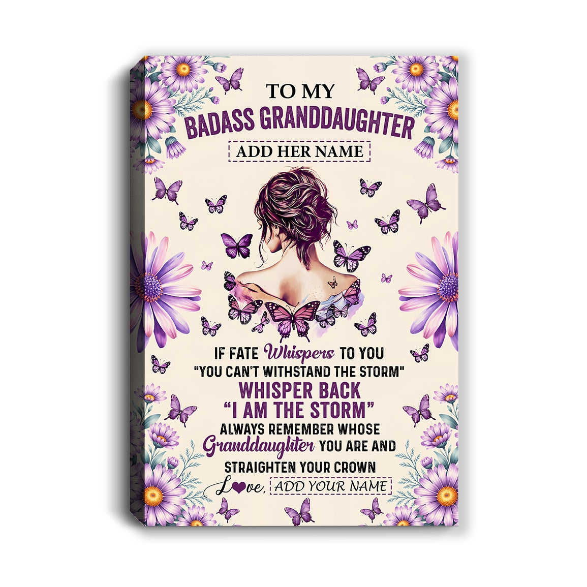 Personalized To My Badass Granddaughter Canvas From Grandma Grandpa Purple Butterfly I Am The Storm Granddaughter Gifts Birthday Christmas Custom Wall Art Framed Canvas | siriusteestore