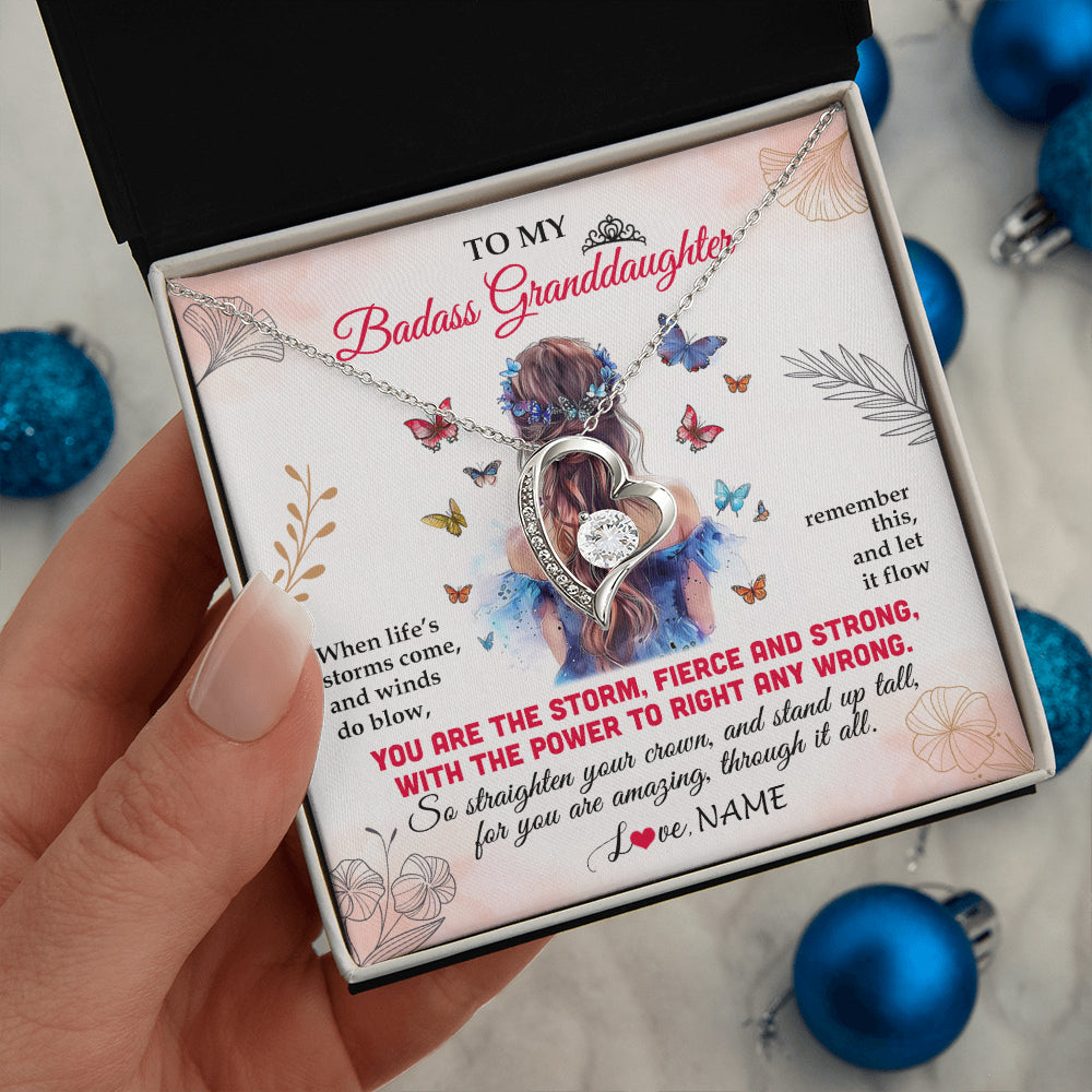 Forever Love Necklace 14K White Gold Finish | 2 | Personalized To My Badass Granddaughter Necklace From Grandma Grandpa Floral Butterfly Granddaughter Birthday Gifts Christmas Customized Gift Box Message Card | siriusteestore