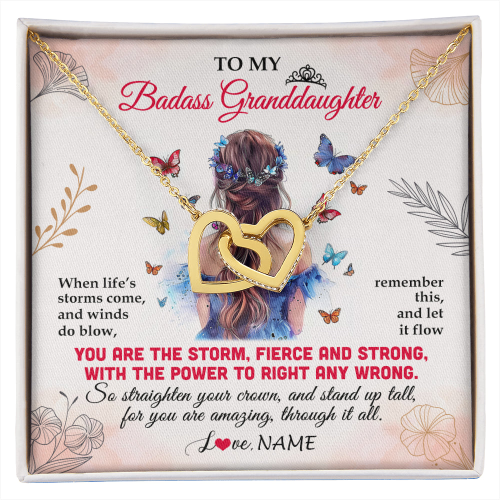 Interlocking Hearts Necklace 18K Yellow Gold Finish | 1 | Personalized To My Badass Granddaughter Necklace From Grandma Grandpa Floral Butterfly Granddaughter Birthday Gifts Christmas Customized Gift Box Message Card | siriusteestore