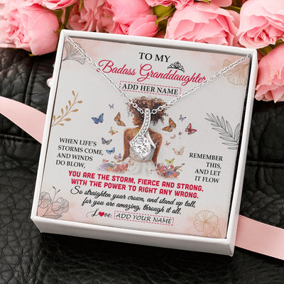 Alluring Beauty Necklace 14K White Gold Finish | 2 | Personalized To My Badass Granddaughter Necklace From Grandma Papa Floral Butterfly African Afro Granddaughter Birthday Gifts Christmas Gift Box Message Card | https://siriusteestore.