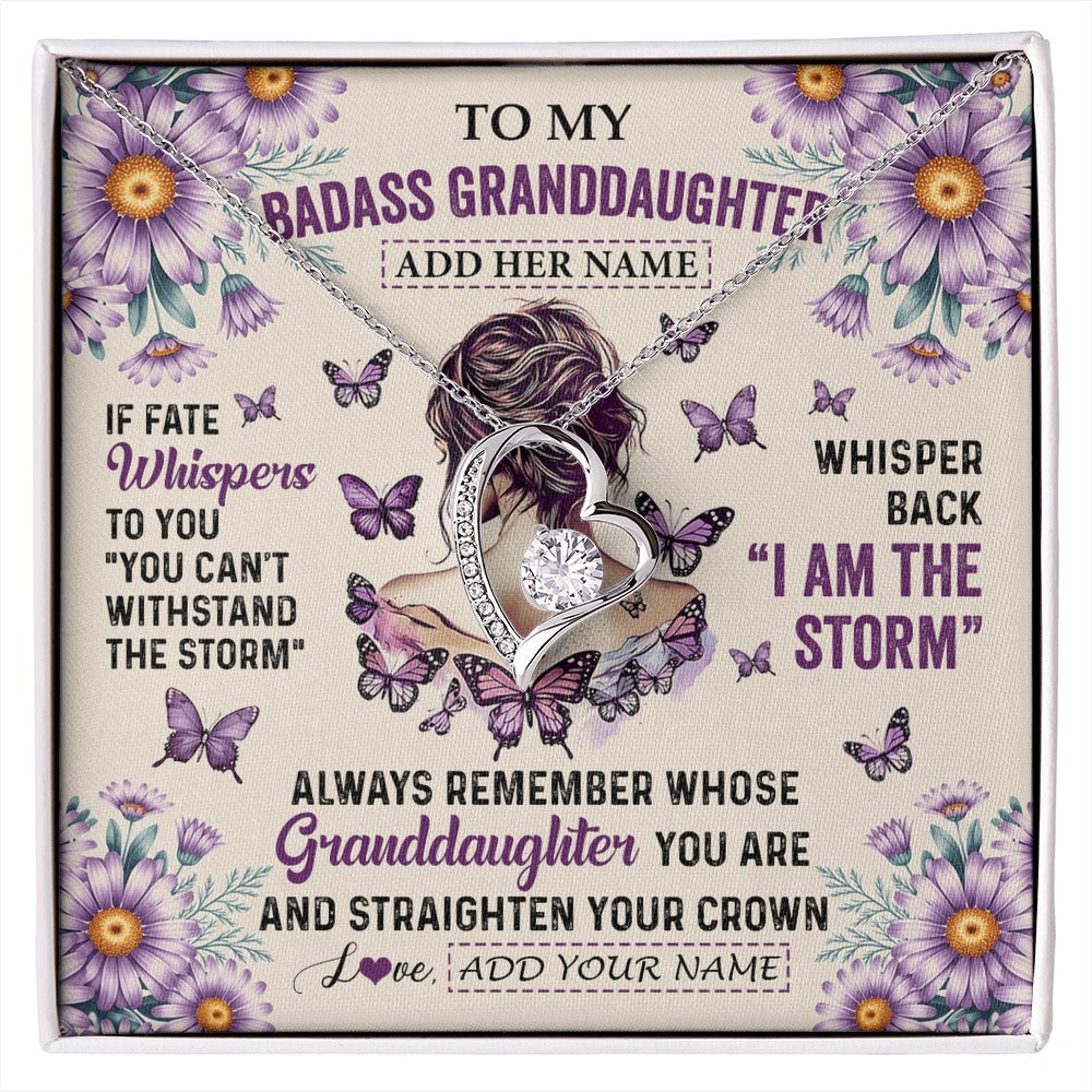 Forever Love Necklace 14K White Gold Finish | 1 | Personalized To My Badass Granddaughter Necklace From Grandma Purple Butterfly I Am The Storm Granddaughter Gifts Birthday Christmas Gift Box Message Card | https://siriusteestore.