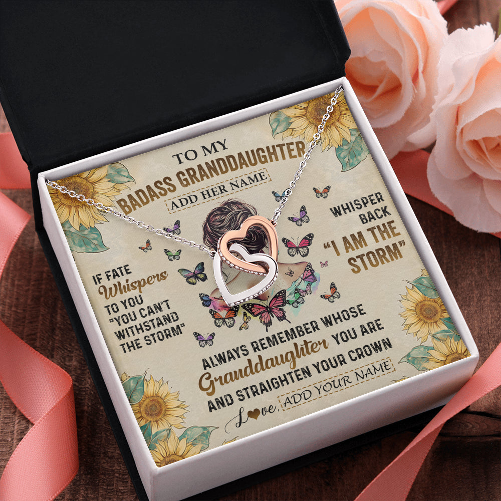 Interlocking Hearts Necklace Stainless Steel & Rose Gold Finish | 2 | Personalized To My Badass Granddaughter Necklace From Grandpa Papa I Am The Storm Granddaughter Gifts Birthday Christmas Customized Gift Box Message Card | siriusteestore