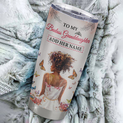 Personalized To My Badass Granddaughter Tumbler From Grandma Grandpa Floral Butterfly African Afro Girl Granddaughter Birthday Gifts Christmas Stainless Steel Mug | siriusteestore