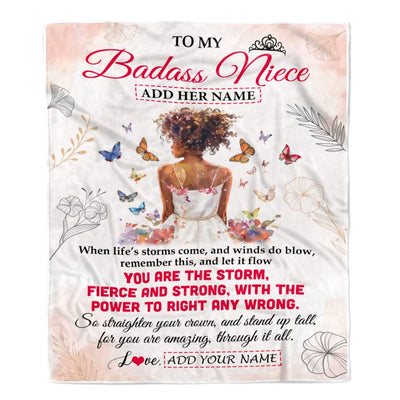 Personalized To My Badass Niece Blanket From Uncle Aunt Auntie Floral Butterfly African Afro Girl Niece Birthday Gifts Graduation Christmas Fleece Blanket | siriusteestore