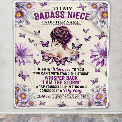 Personalized To My Badass Niece Blanket From Uncle Aunt Purple Butterfly I Am The Storm Niece Gifts Birthday Graduation Christmas Custom Fleece Throw Blanket | siriusteestore