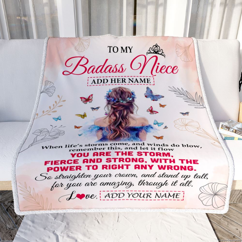 Personalized To My Badass Niece Blanlet From Aunt Auntie Uncle Floral Butterfly Niece Birthday Gifts Graduation Christmas Customized Fleece Throw Blanket | siriusteestore