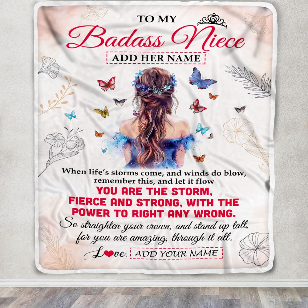 Personalized To My Badass Niece Blanlet From Aunt Auntie Uncle Floral Butterfly Niece Birthday Gifts Graduation Christmas Customized Fleece Throw Blanket | siriusteestore