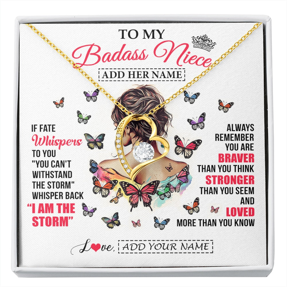 Forever Love Necklace 18K Yellow Gold Finish | 1 | Personalized To My Badass Niece From Uncle Aunt Auntie Necklace I Am The Storm Niece Gifts Birthday Graduation Christmas Custom Gift Box Message Card | https://siriusteestore.
