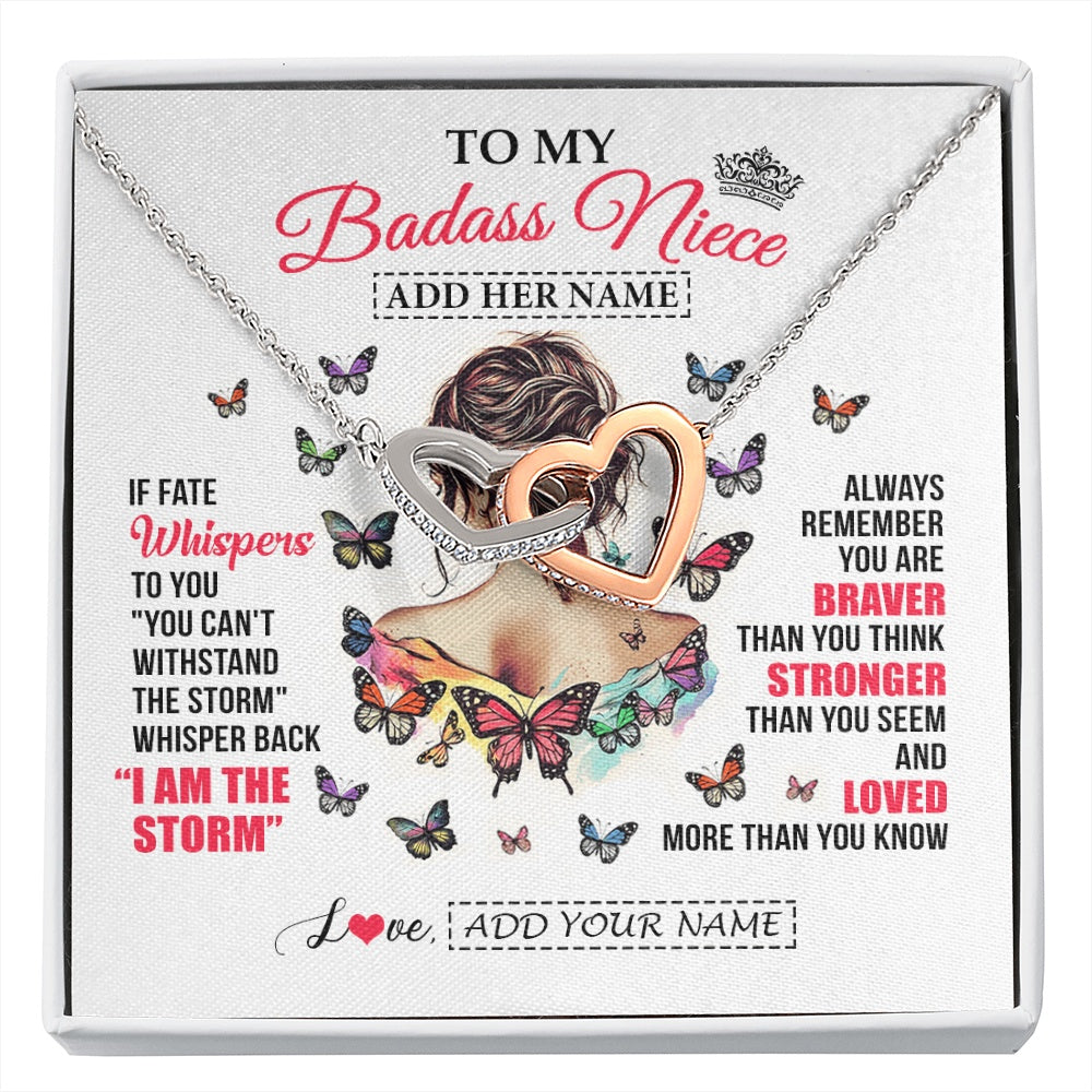 Interlocking Hearts Necklace Stainless Steel & Rose Gold Finish | 1 | Personalized To My Badass Niece From Uncle Aunt Auntie Necklace I Am The Storm Niece Gifts Birthday Graduation Christmas Custom Gift Box Message Card | https://siriusteestore.