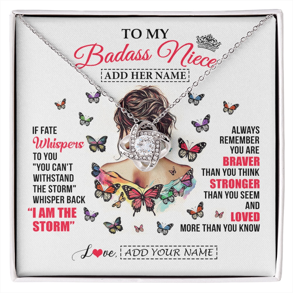 Love Knot Necklace 14K White Gold Finish | 1 | Personalized To My Badass Niece From Uncle Aunt Auntie Necklace I Am The Storm Niece Gifts Birthday Graduation Christmas Custom Gift Box Message Card | https://siriusteestore.