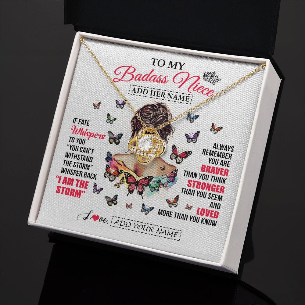 Love Knot Necklace 18K Yellow Gold Finish | 2 | Personalized To My Badass Niece From Uncle Aunt Auntie Necklace I Am The Storm Niece Gifts Birthday Graduation Christmas Custom Gift Box Message Card | https://siriusteestore.