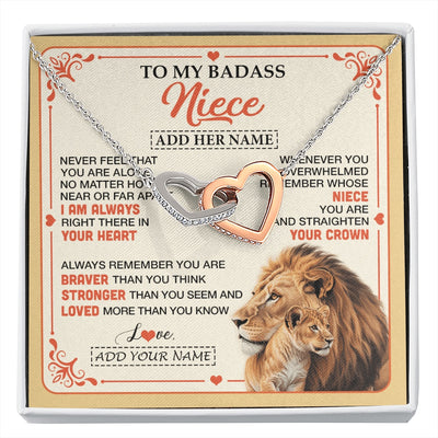 Interlocking Hearts Necklace Stainless Steel & Rose Gold Finish | 1 | Personalized To My Badass Niece Gifts From Aunt Uncle Necklace Lion Jewelry Gifts Present Ideas For Niece Birthday Graduation Christmas Gift Box Message Card | https://siriusteestore.