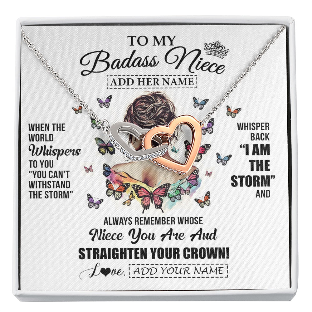 Interlocking Hearts Necklace Stainless Steel & Rose Gold Finish | 1 | Personalized To My Badass Niece I Am The Storm Necklace From Uncle Aunt Auntie Beautiful Niece Birthday Gifts Graduation Christmas Gift Box Message Card | https://siriusteestore.